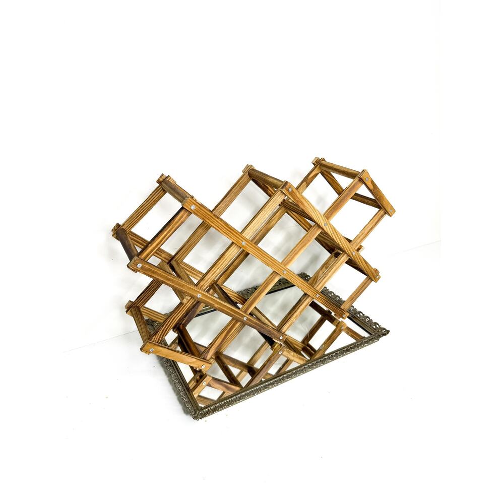 VINTAGE || Mid Century Accordion Style Folding Wooden Wine Rack 10 Bottle